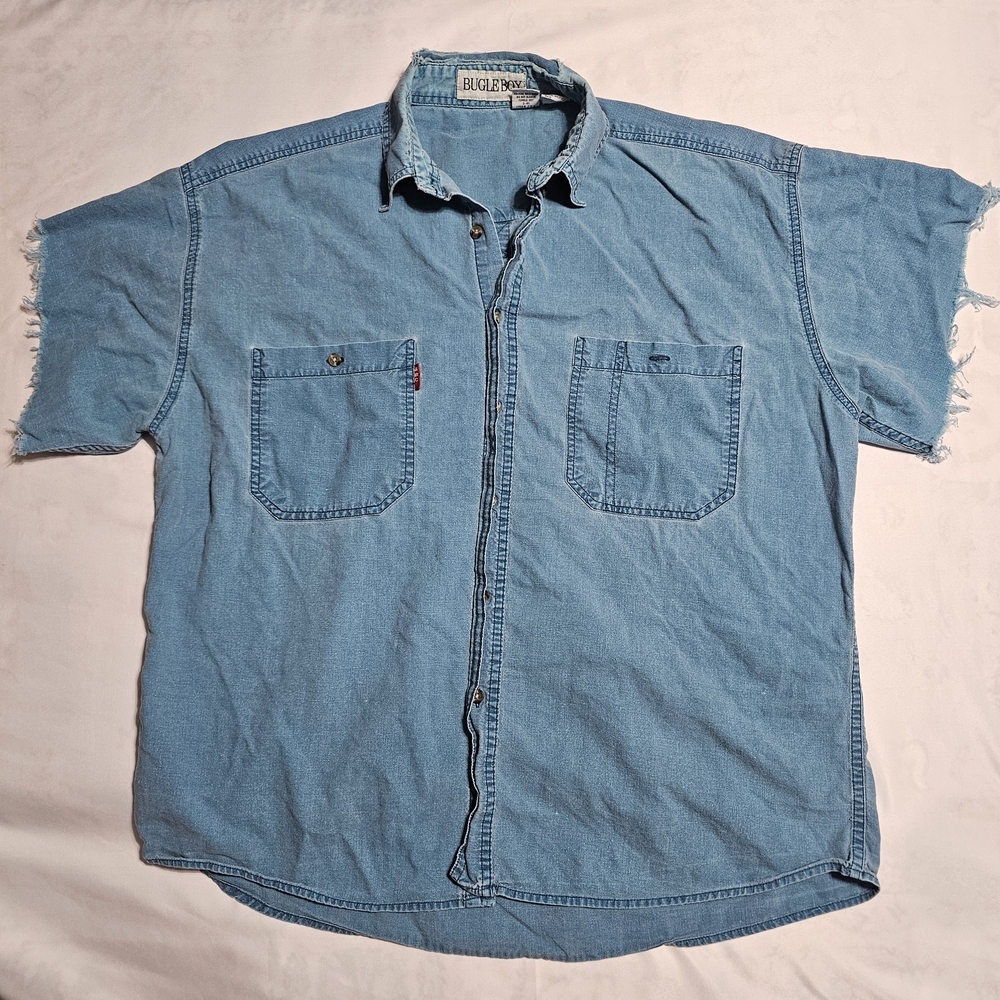 Vintage Bugle Boy Denim Shirt Mens Large Light Wash Cut Off Short Sleeve Grunge